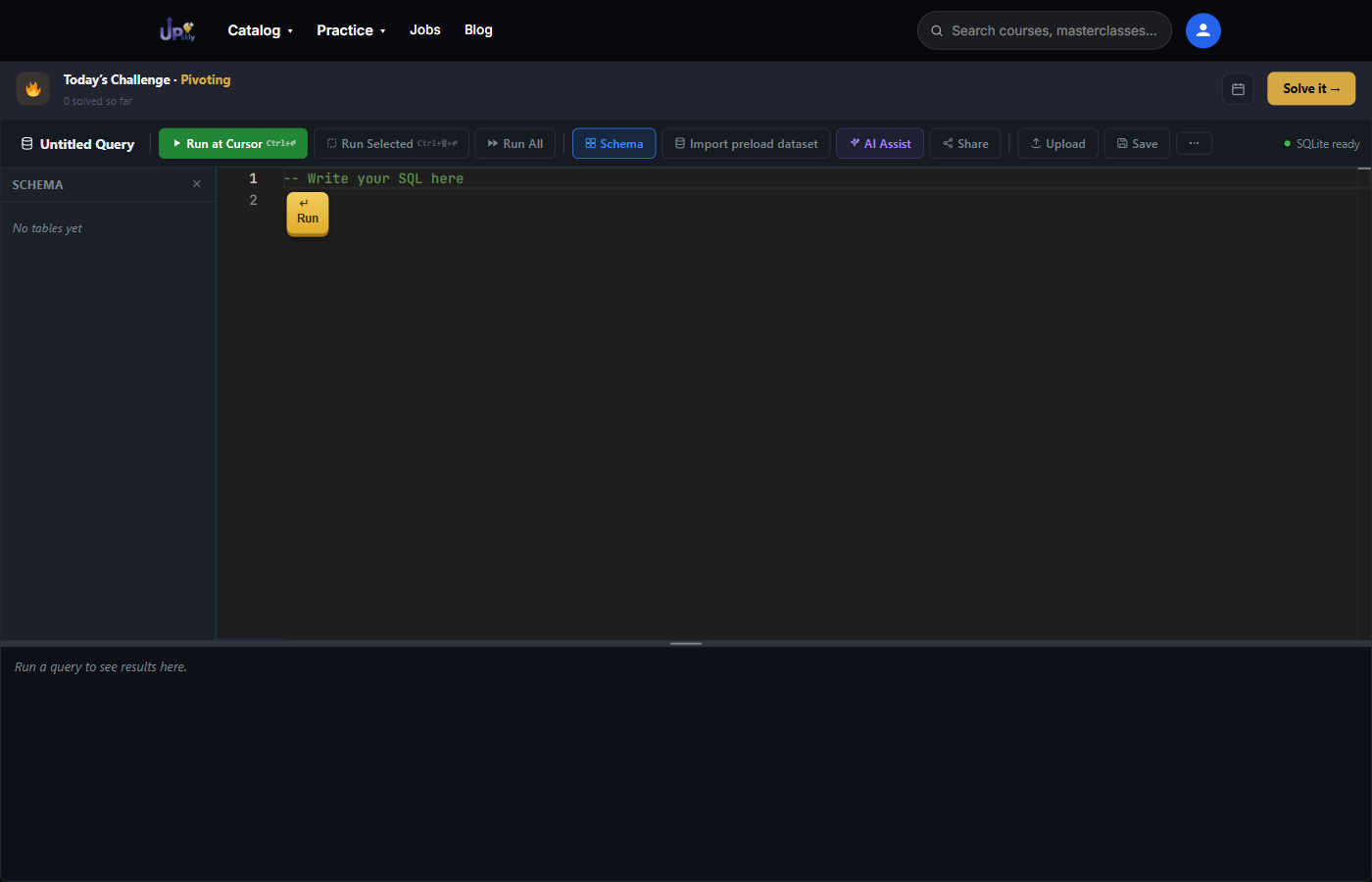 Upskly's SQL editor toolbar, with Save, Share and AI Assist available directly next to Run