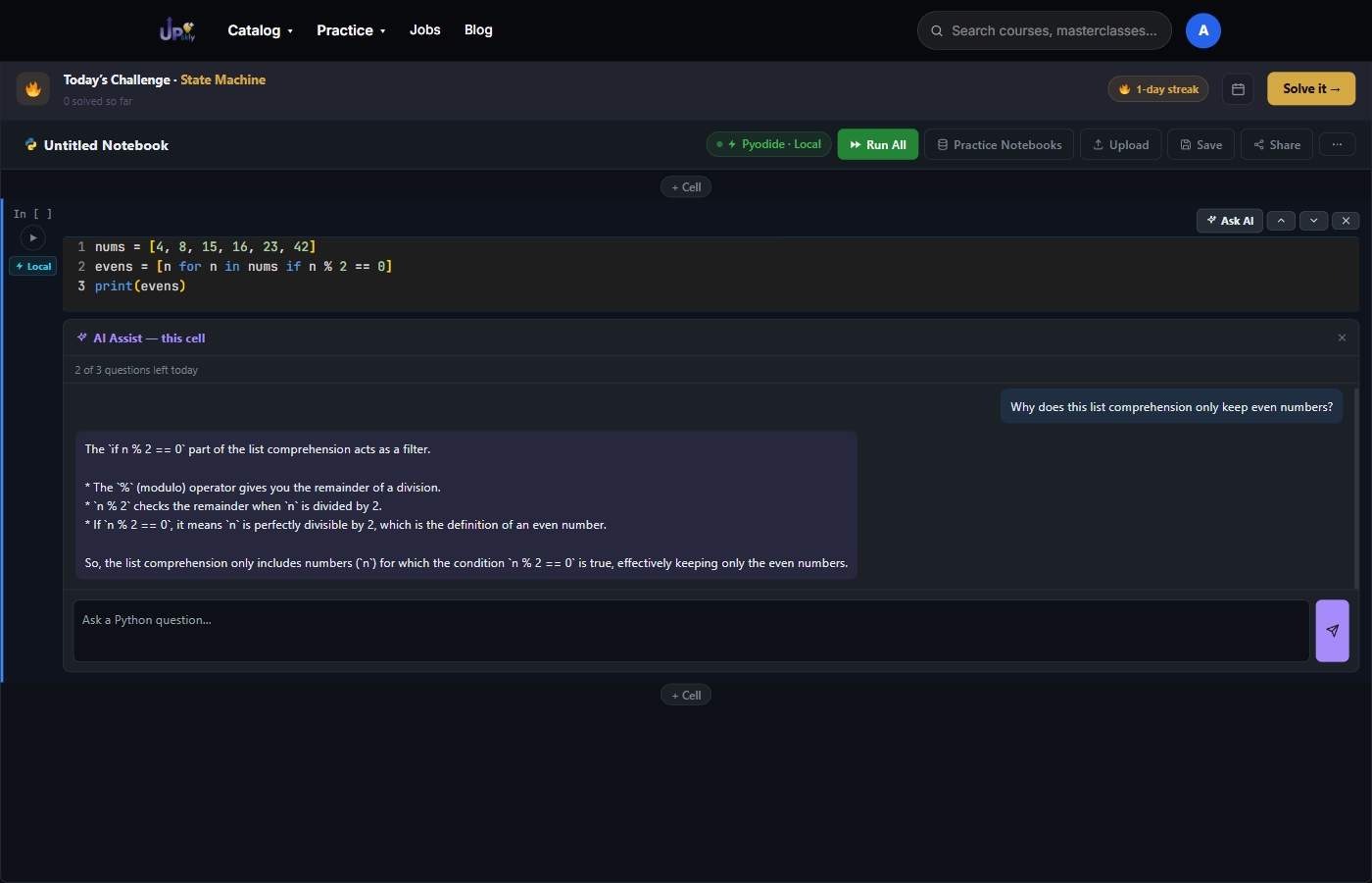 Upskly's AI Assist giving a detailed, context-aware answer about the list comprehension