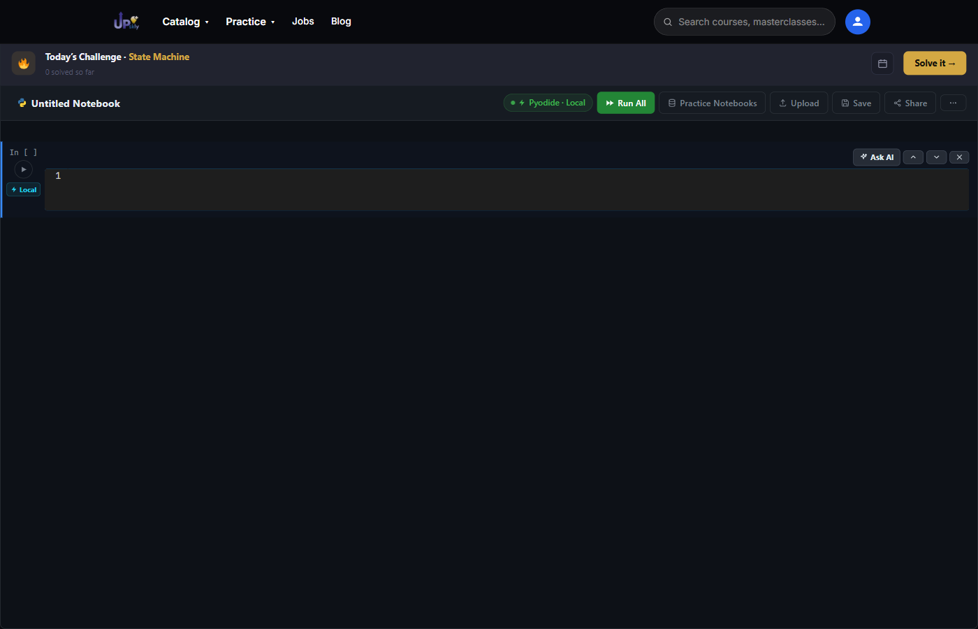 Upskly's Python notebook toolbar, with Save, Share and Ask AI available directly in the interface