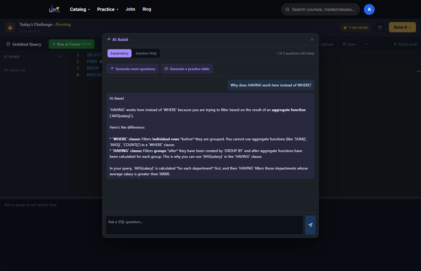 Upskly's AI Assist giving a detailed, context-aware answer about HAVING versus WHERE